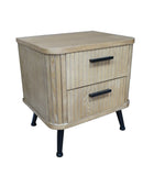 Wooden nightstand with two drawers on a wooden floor against a light blue wall.
