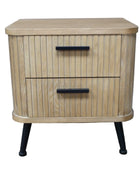 Wooden nightstand with two drawers and black legs on a white background