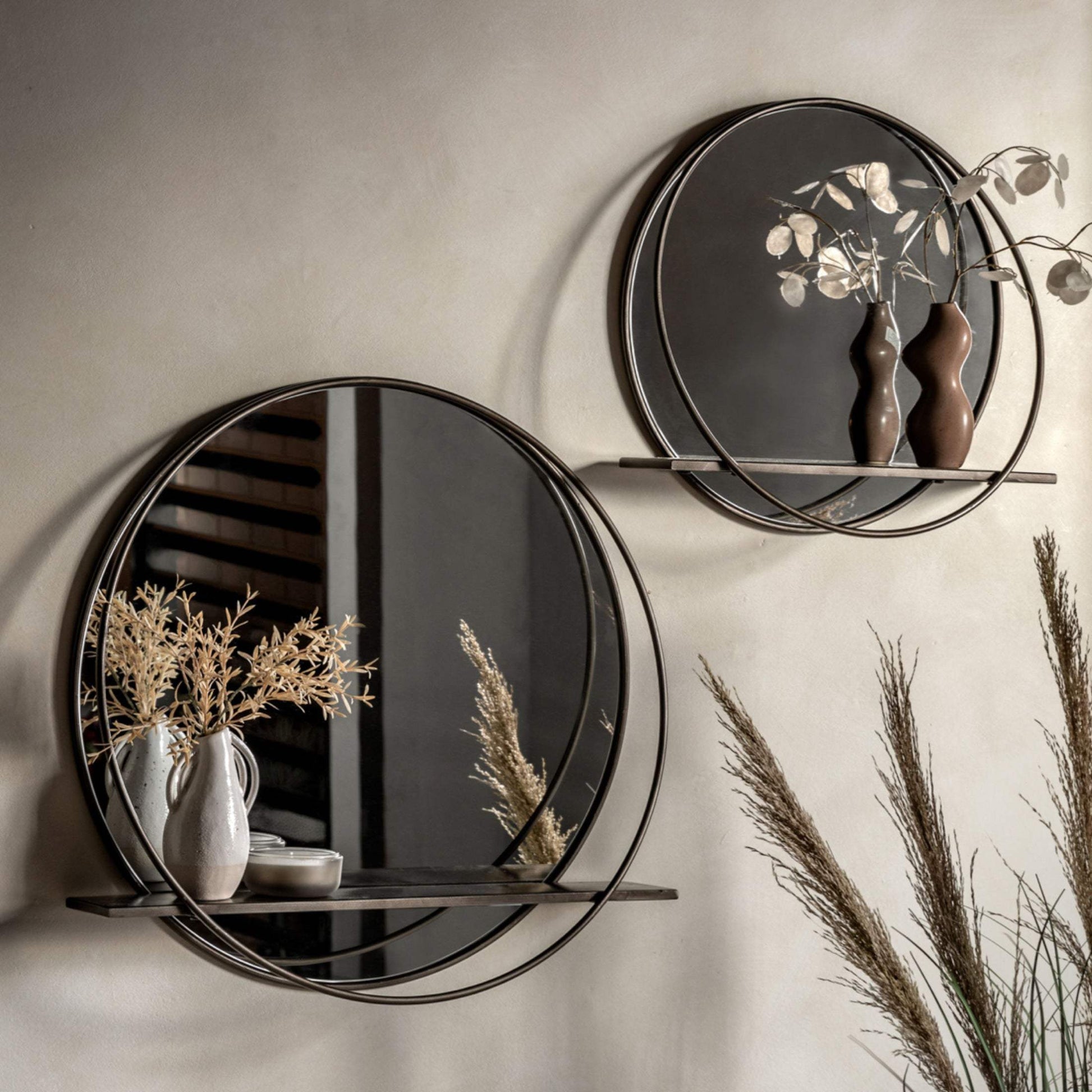 Sleek Industrial Metallic Round Shelf Mirror - choice of size - The Farthing