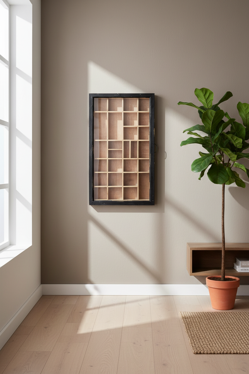 Wooden shelf with geometric design on a beige wall with a plant and rug in the foreground.