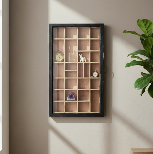 Wall-mounted wooden shelf with decorative items against a neutral wall with a plant on the right.
