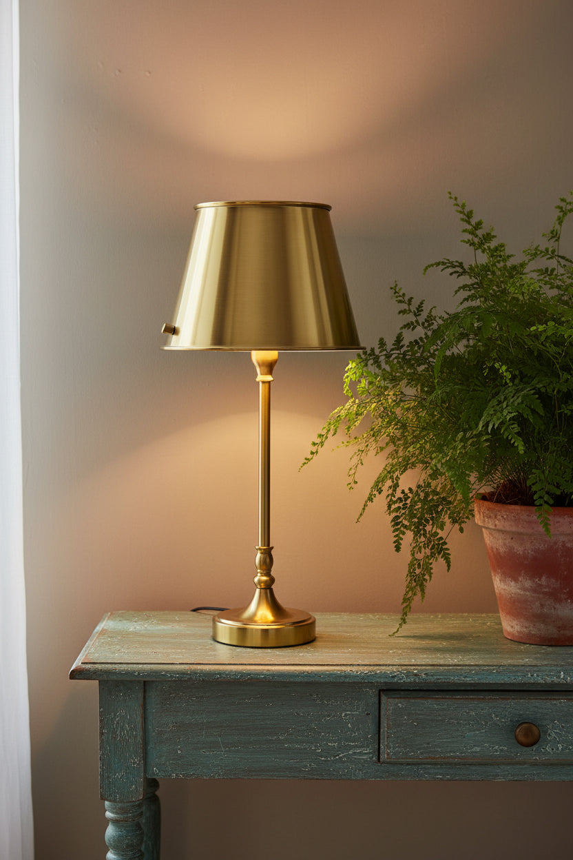 A classic table lamp with a polished brass/gold metal shade, stem, and base, shown against a plain white background.