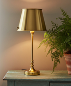 A brass table lamp with a tapered shade and matching base sits on a distressed teal wooden cabinet next to a potted green fern against a warm beige wall.