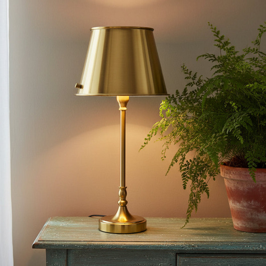 A brass table lamp with a tapered shade and matching base sits on a distressed teal wooden cabinet next to a potted green fern against a warm beige wall.
