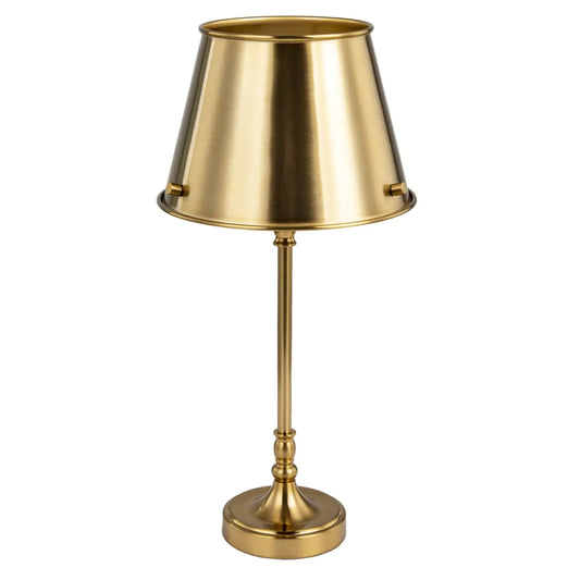 A classic table lamp with a brushed brass/gold shade, stem, and base, shown against a solid white background.