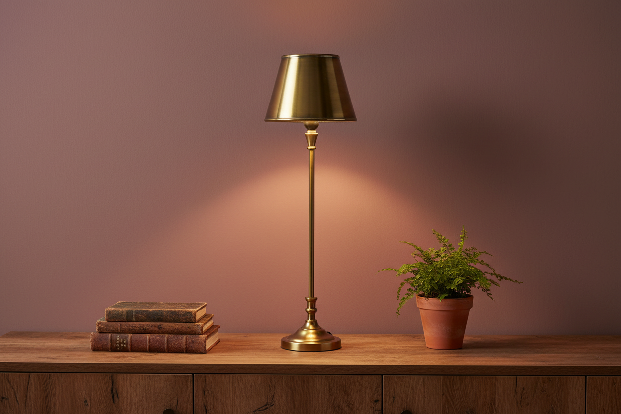 Brass lamp and books on a wooden surface with a plant, against a warm pinkish-brown wall.