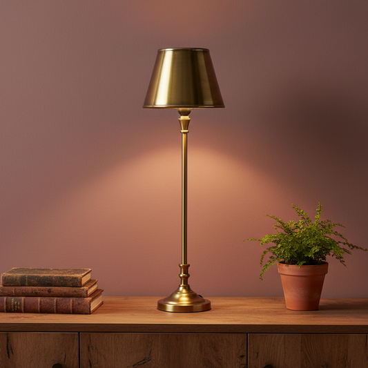 Gold table lamp on a wooden surface with books and a plant against a pinkish-brown background