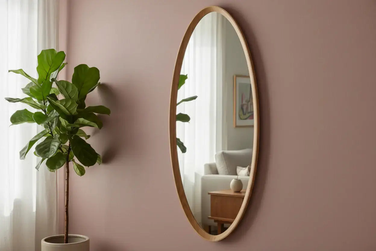 Round wooden mirror on a pink wall with a plant to the left