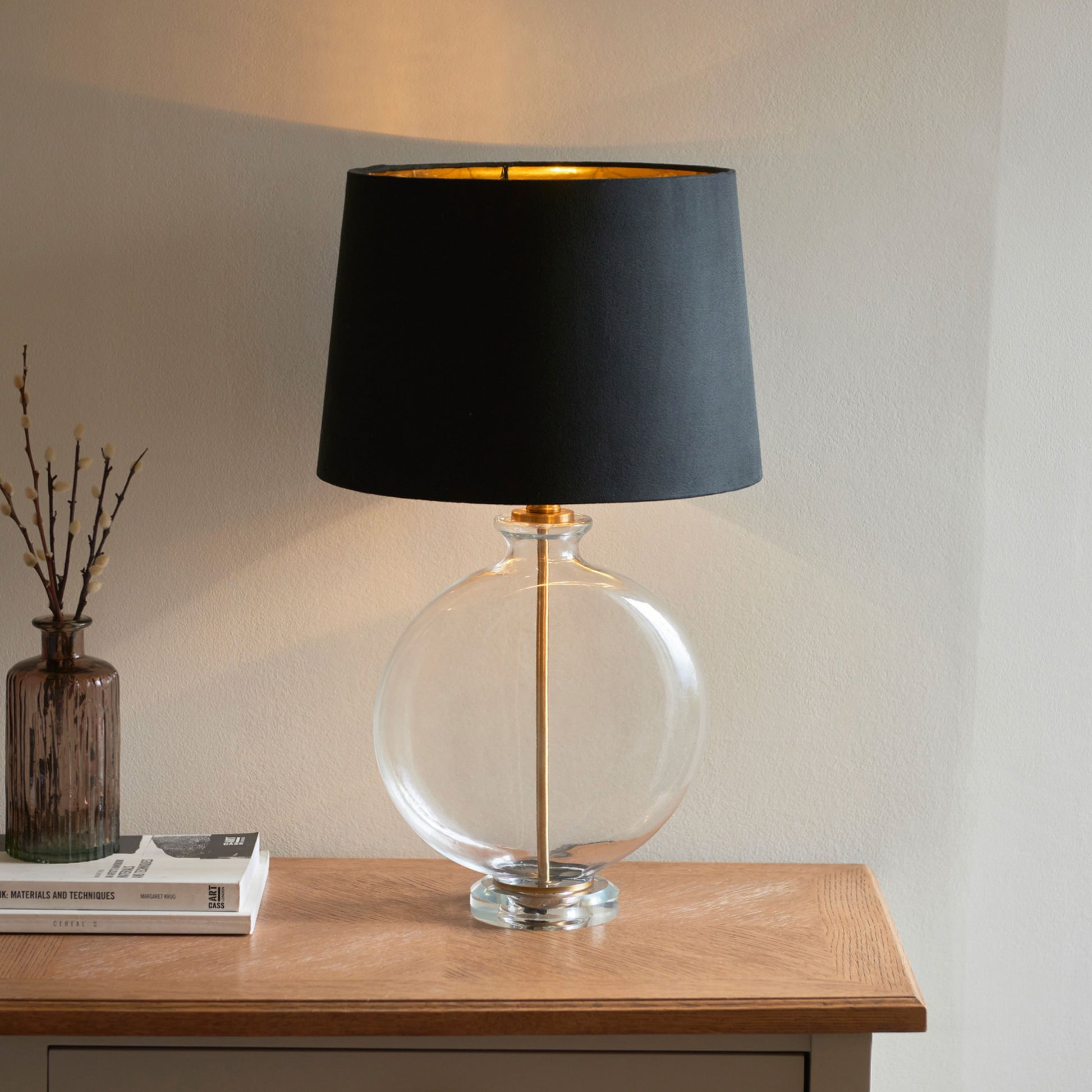 Slim Round Glass & Brass Table Lamp & Shade