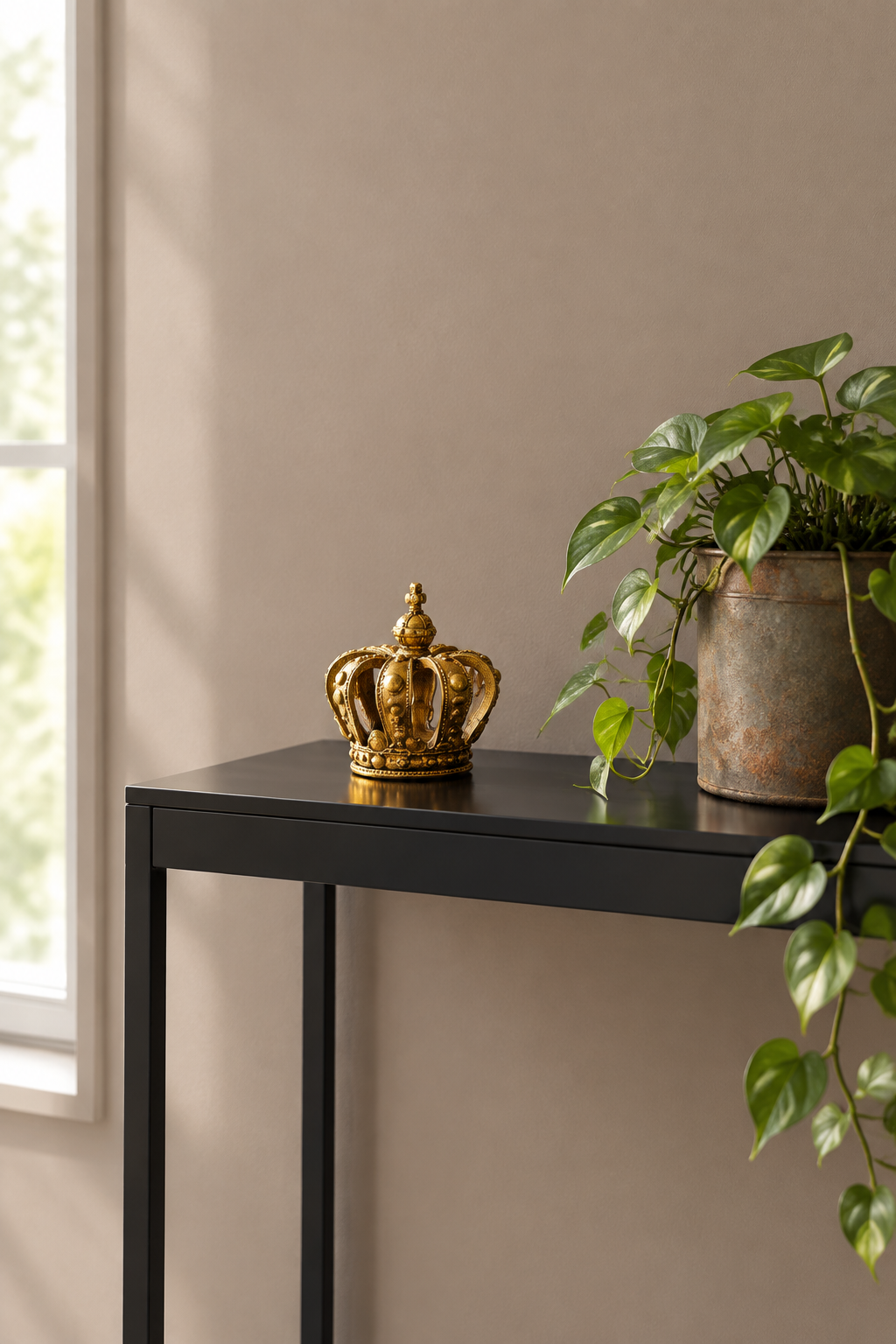 A small ornate gold crown figurine sits on a black console table next to a potted green plant against a warm beige wall.