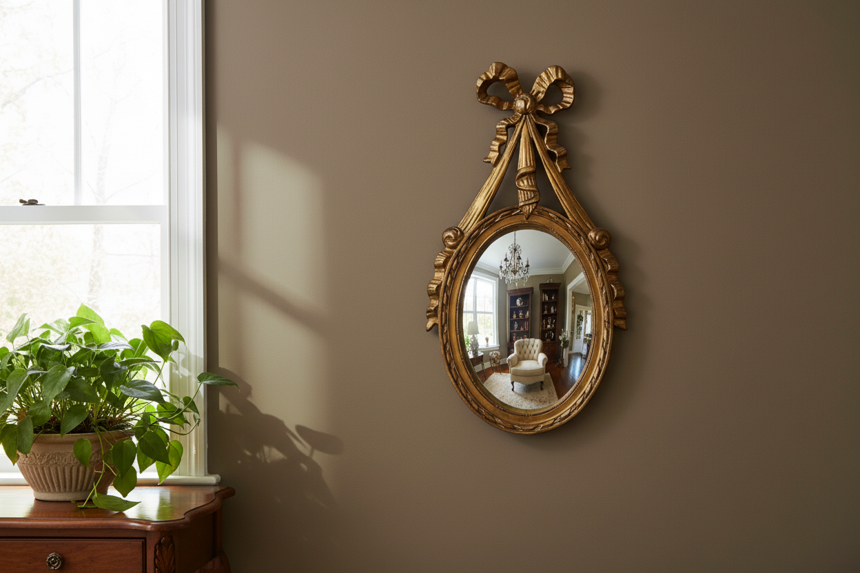 Decorative gold mirror on a wall with a plant and window in the background