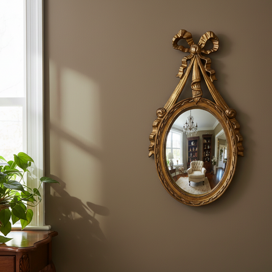 Decorative gold mirror with a bow on a wall, reflecting a room with furniture.