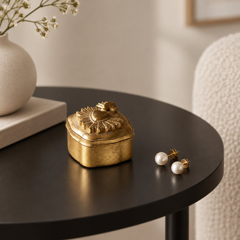 A small ornate gold-colored metal keepsake box with a decorative sunburst lid, resting on a white marble tabletop.