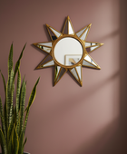 Decorative star-shaped mirror on a pink wall with a plant in the foreground