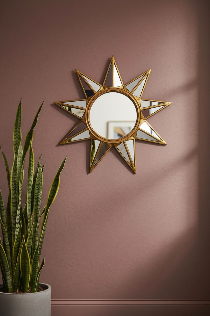 Decorative star-shaped mirror on a pink wall with a plant in the foreground