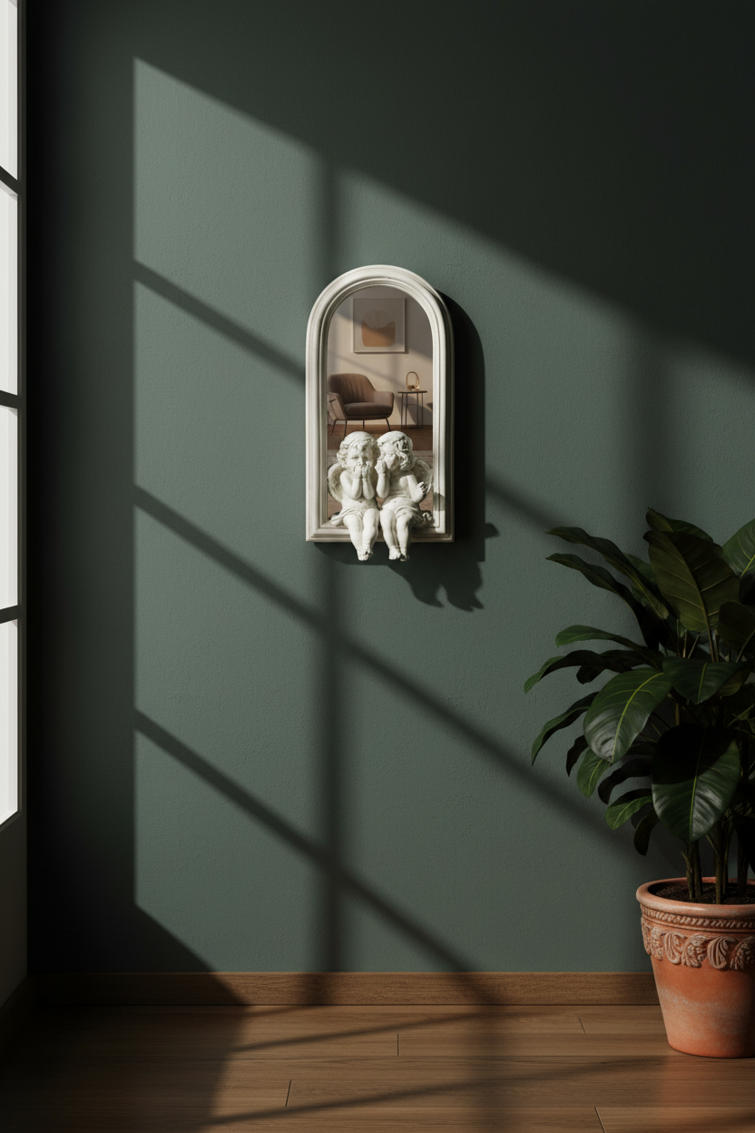Decorative mirror with cherub figures on a green wall with sunlight casting shadows.