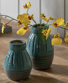 Small Blue Ribbed Vase Set 3