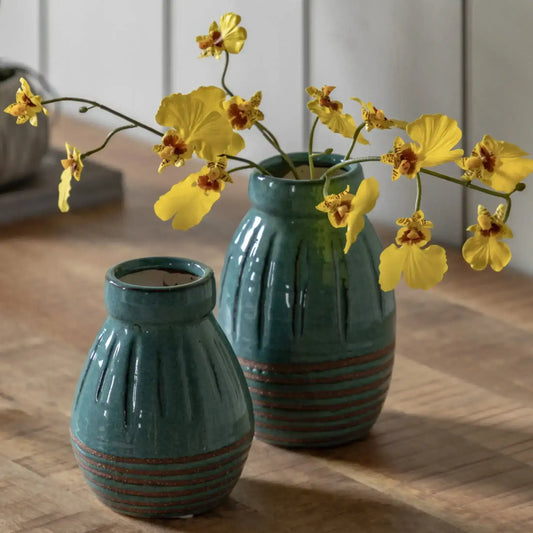 Small Blue Ribbed Vase Set 3