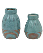 Small Blue Ribbed Vase Set