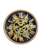 Decorative wall clock with mechanical gear design on a black background