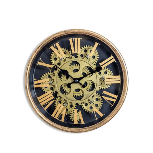 Decorative wall clock with mechanical gear design on a black background
