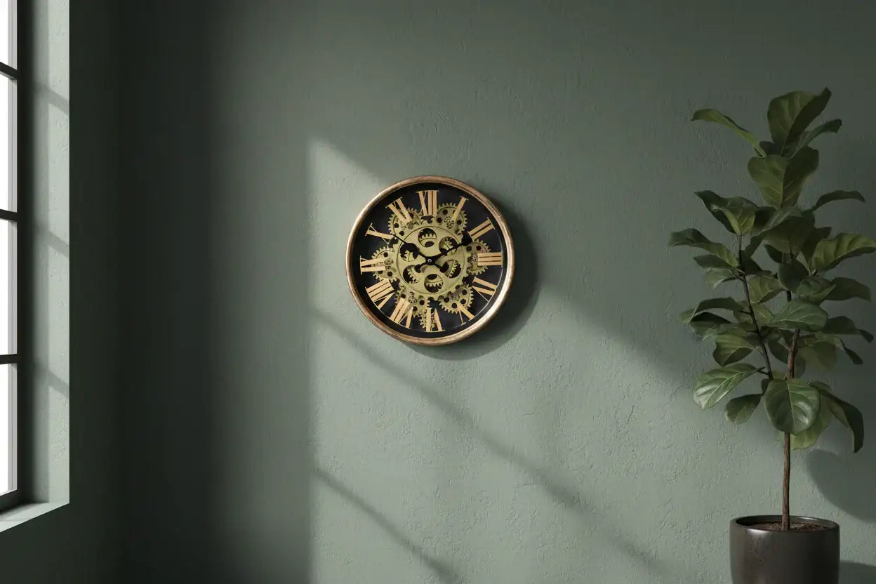 Decorative wall clock with gear design on a green wall next to a potted plant