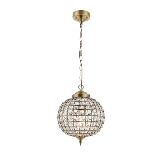 Gold pendant light with crystal details on a white background
