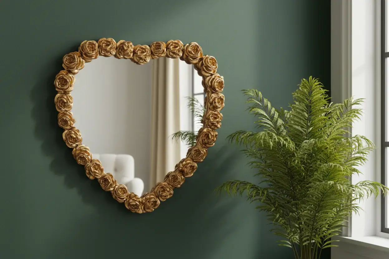Heart-shaped mirror with floral frame on a green wall next to a plant