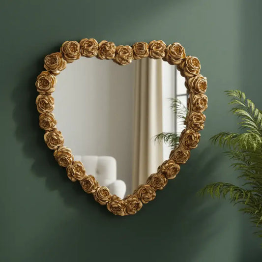 Decorative mirror with floral frame on a green wall
