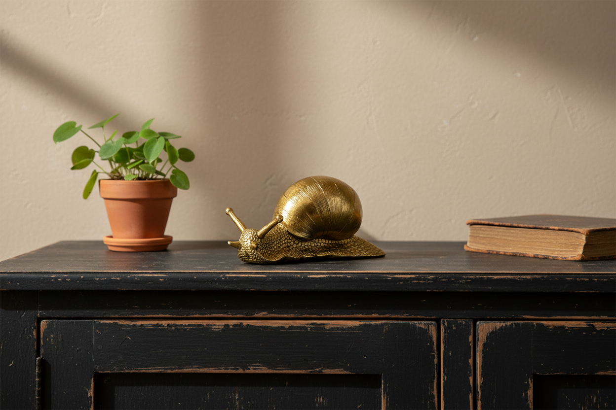 Gold snail ornament on a wooden surface with a potted plant and book in the background.