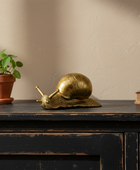 Gold snail ornament on a wooden surface with a plant and book in the background.