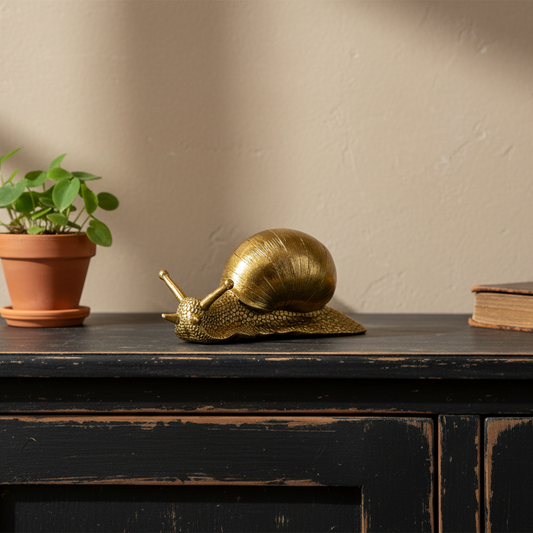 Gold snail ornament on a wooden surface with a plant and book in the background.