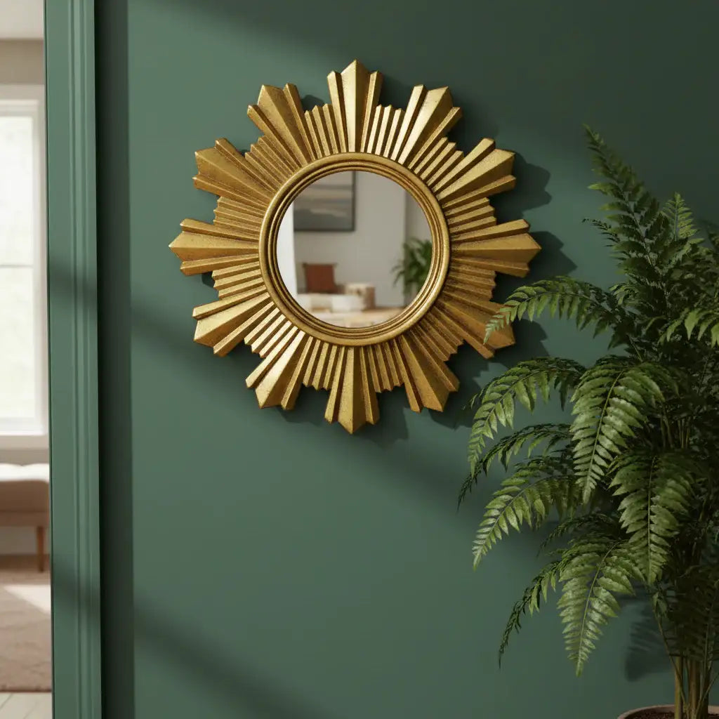 Gold sunburst mirror on a green wall with a plant to the right