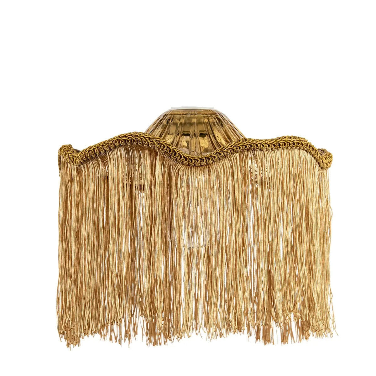 A bohemian-style pendant light with a natural tan raffia fringe shade, a gold-toned metal collar, and a frosted glass bulb holder, suspended from a white cord against a white background.