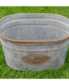 Metal garden bucket with handles on a grass background