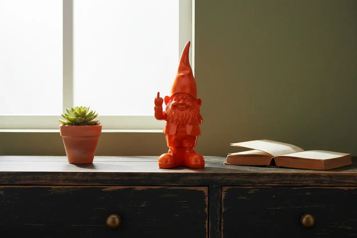 Orange gnome figurine on a wooden surface with a plant and books in the background.