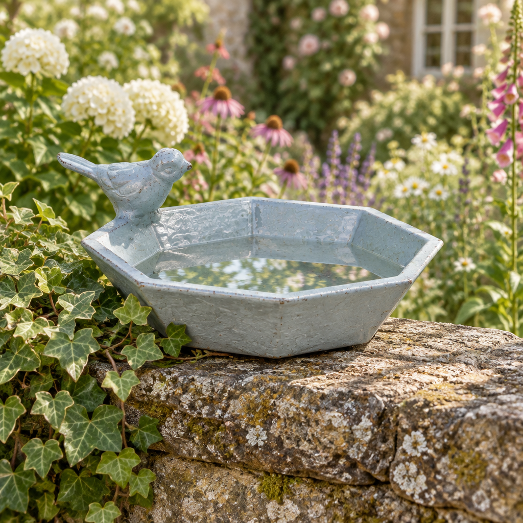 A light blue-gray hexagonal garden birdbath with a small bird perched on the left side, filled with water and set on a stone wall in a lush garden with flowers and ivy.
