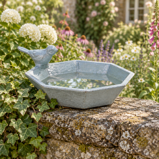 A light blue-gray hexagonal garden birdbath with a small bird perched on the left side, filled with water and set on a stone wall in a lush garden with flowers and ivy.