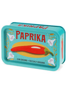 A turquoise metal tin of Paprika spice blend, featuring a red chili pepper illustration and the brand name 'PAPRIKA' in bold red letters on the front, set against a plain white background.
