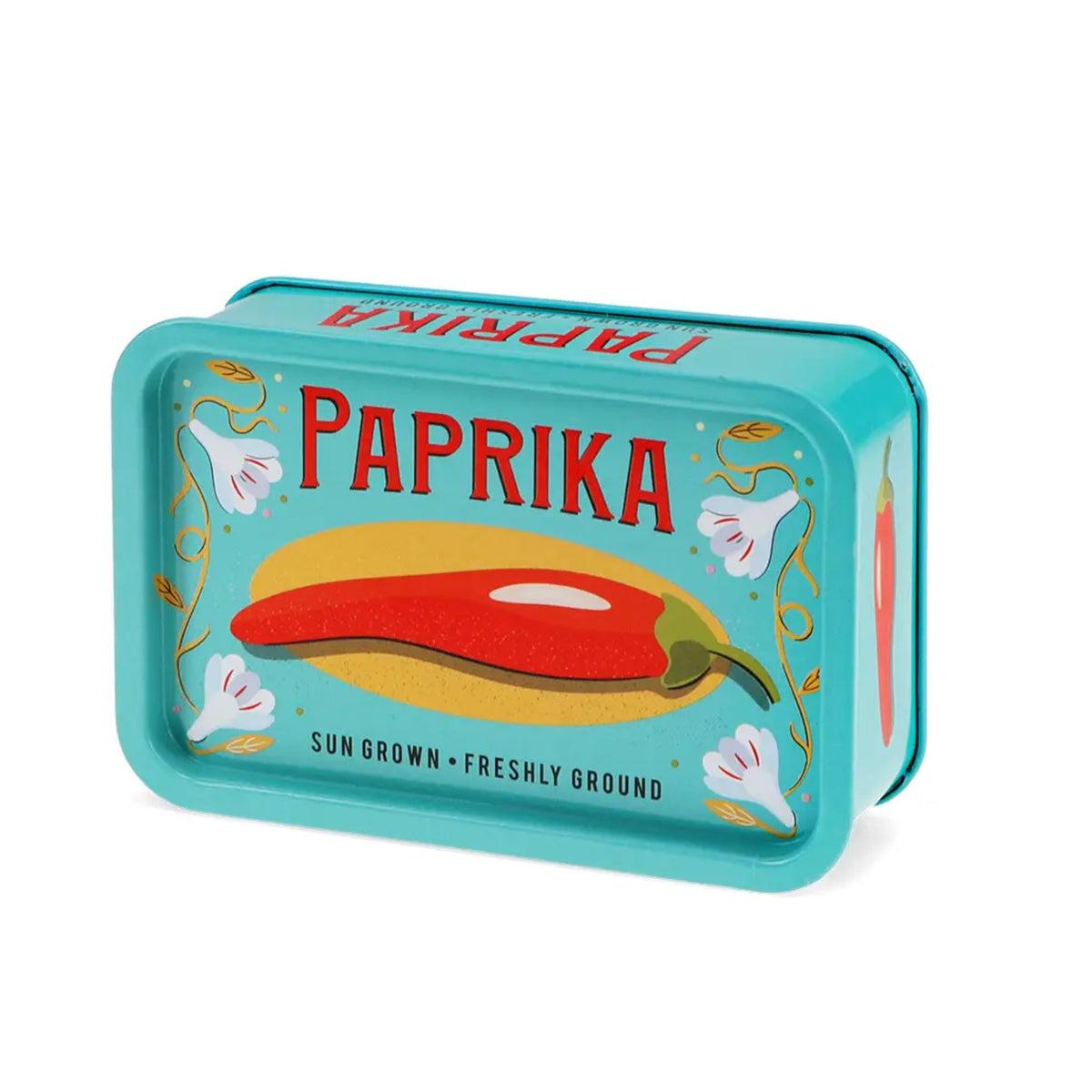 A turquoise metal tin of Paprika spice blend, featuring a red chili pepper illustration and the brand name 'PAPRIKA' in bold red letters on the front, set against a plain white background.