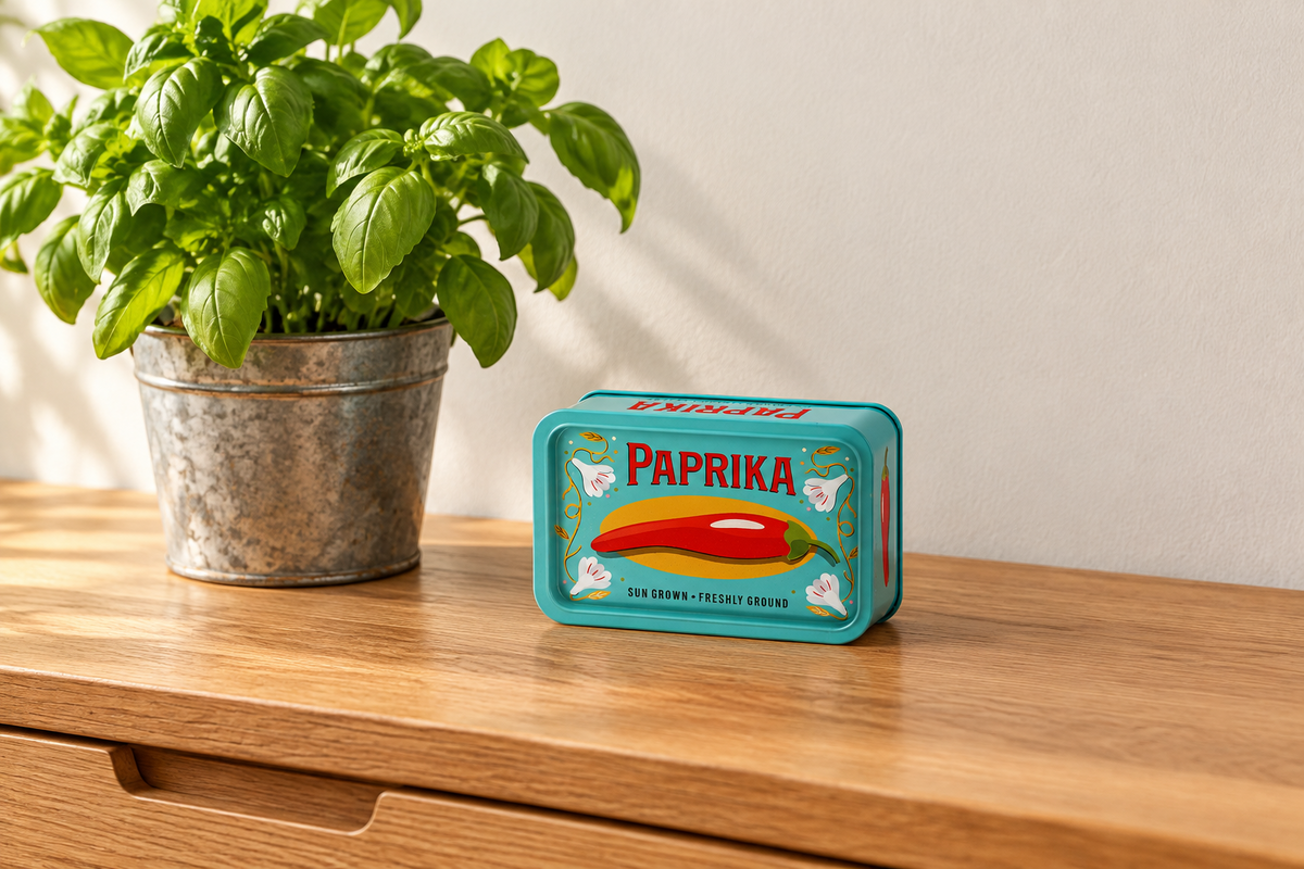 A turquoise metal tin labeled 'PAPRIKA' sits on a wooden table beside a potted basil plant against a plain wall.