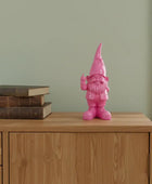 Pink gnome figurine on a wooden surface with books against a green wall.