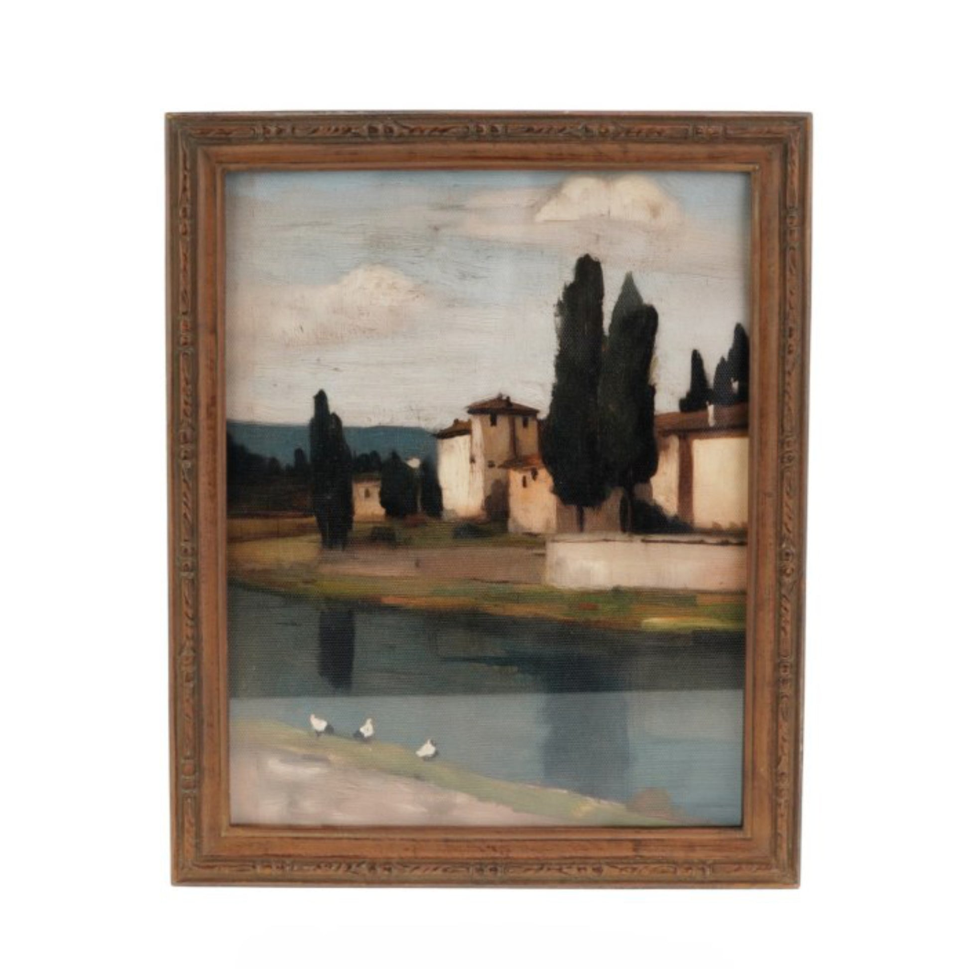 A framed landscape painting depicting a Tuscan scene with cypress trees, a river, and buildings under a cloudy sky, enclosed in a rustic brown wooden frame.
