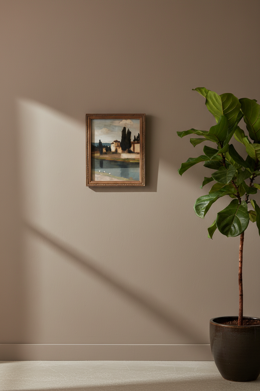 A small framed landscape painting hangs on a warm beige wall, with a large green potted plant in a dark pot to the right and sunlight casting shadows across the wall.