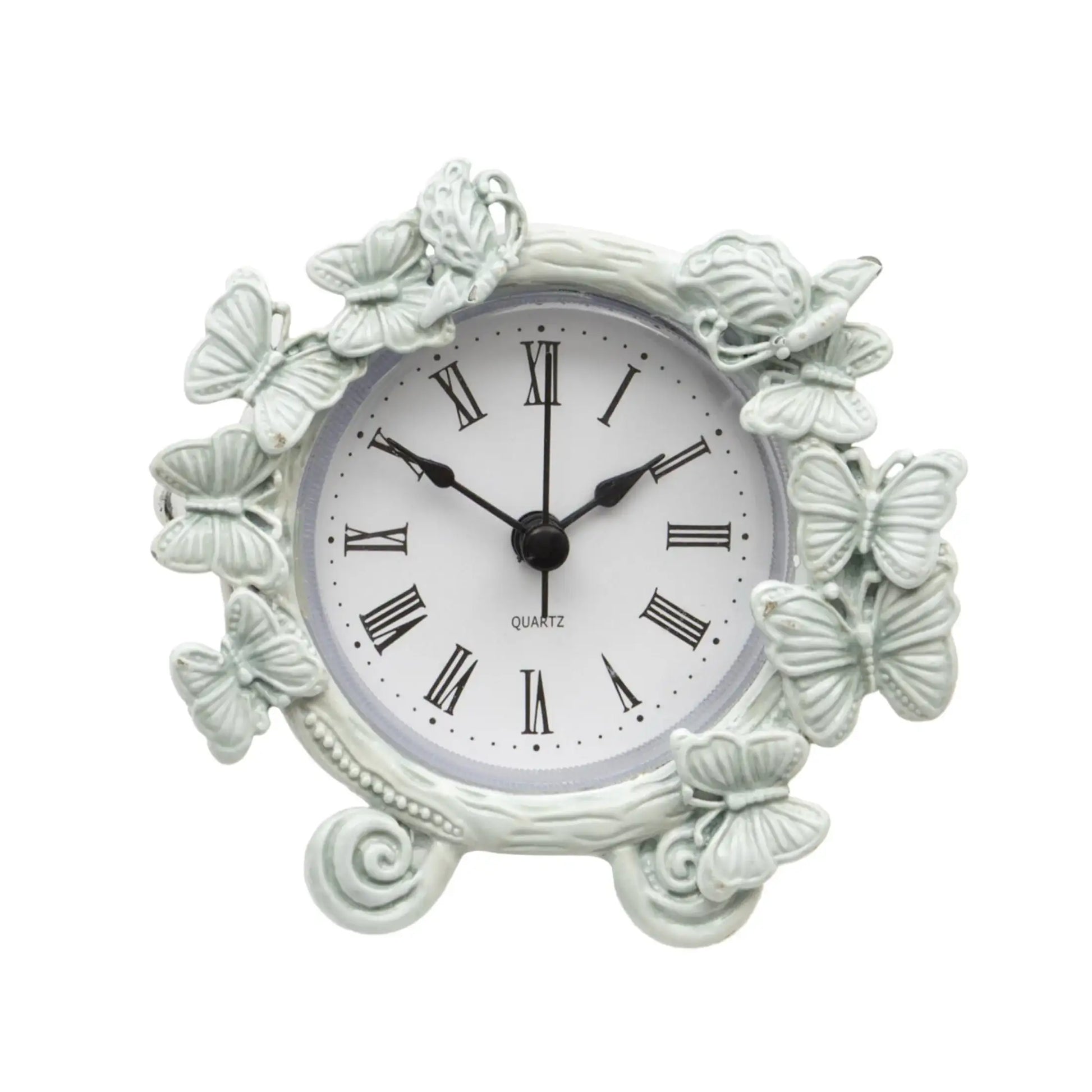 Decorative wall clock with butterfly designs on a white background