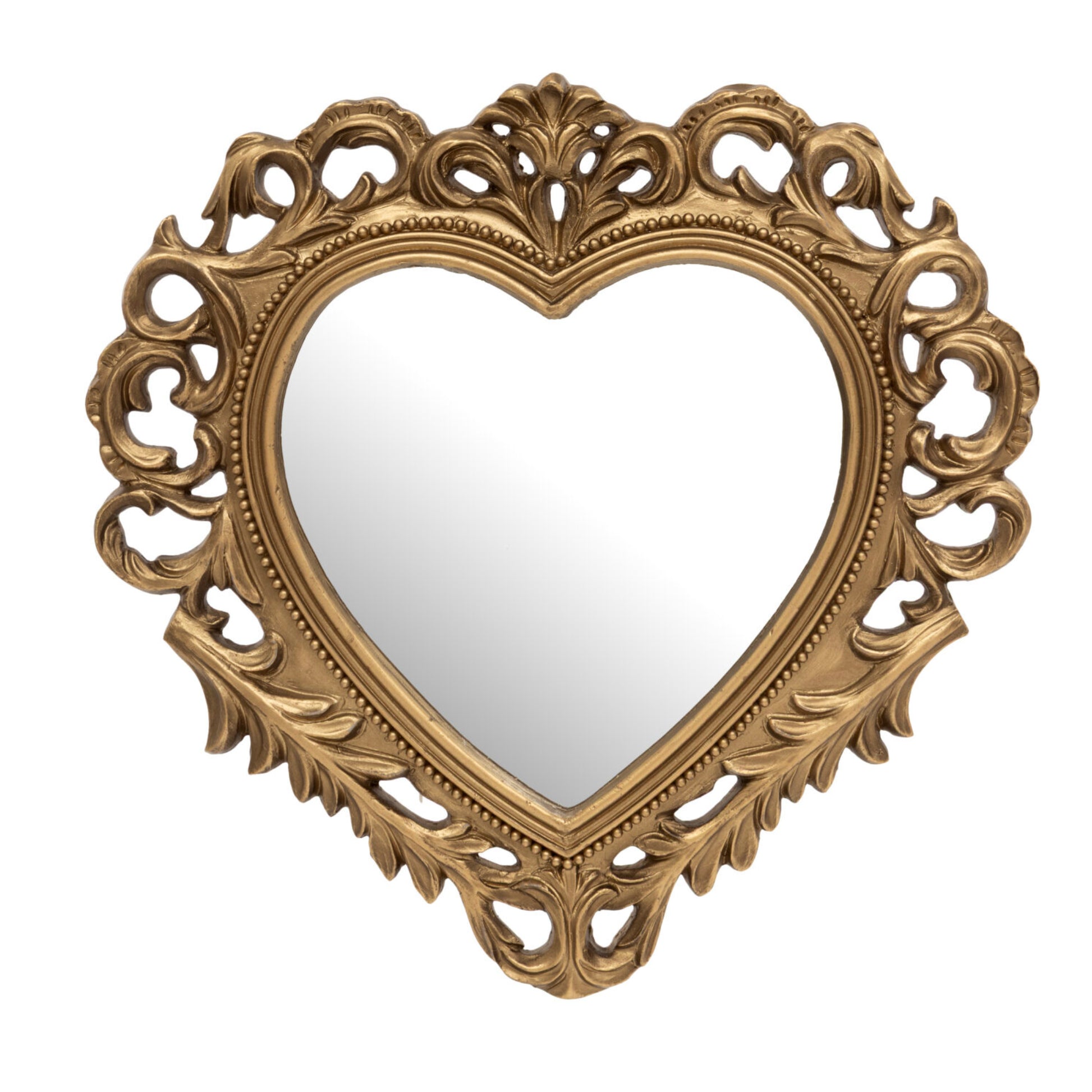 An ornate heart-shaped wall mirror with a detailed, carved gold frame on a plain white background.