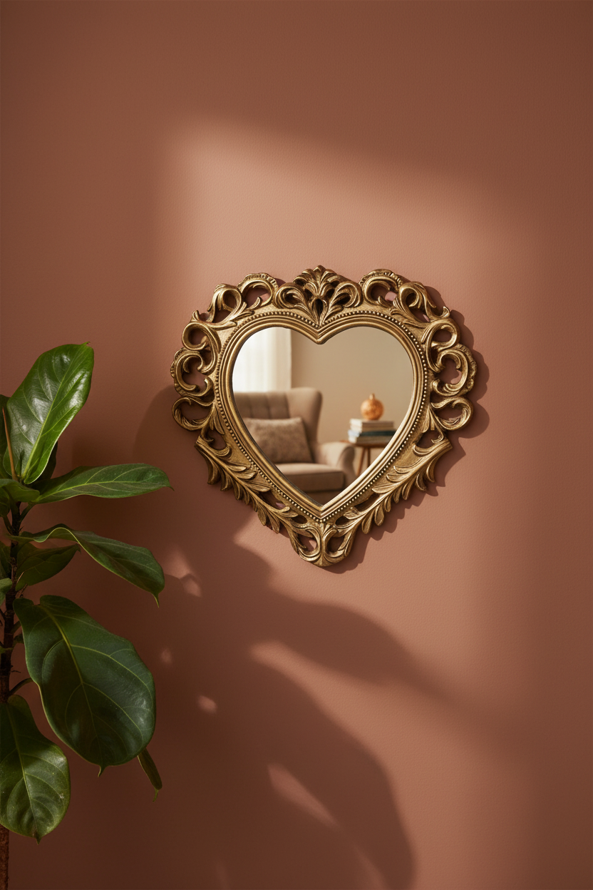 An ornate gold heart-shaped wall mirror with a decorative carved frame, mounted on a warm terracotta-colored wall. A green potted plant is visible on the left, and the mirror reflects a softly lit living room interior.