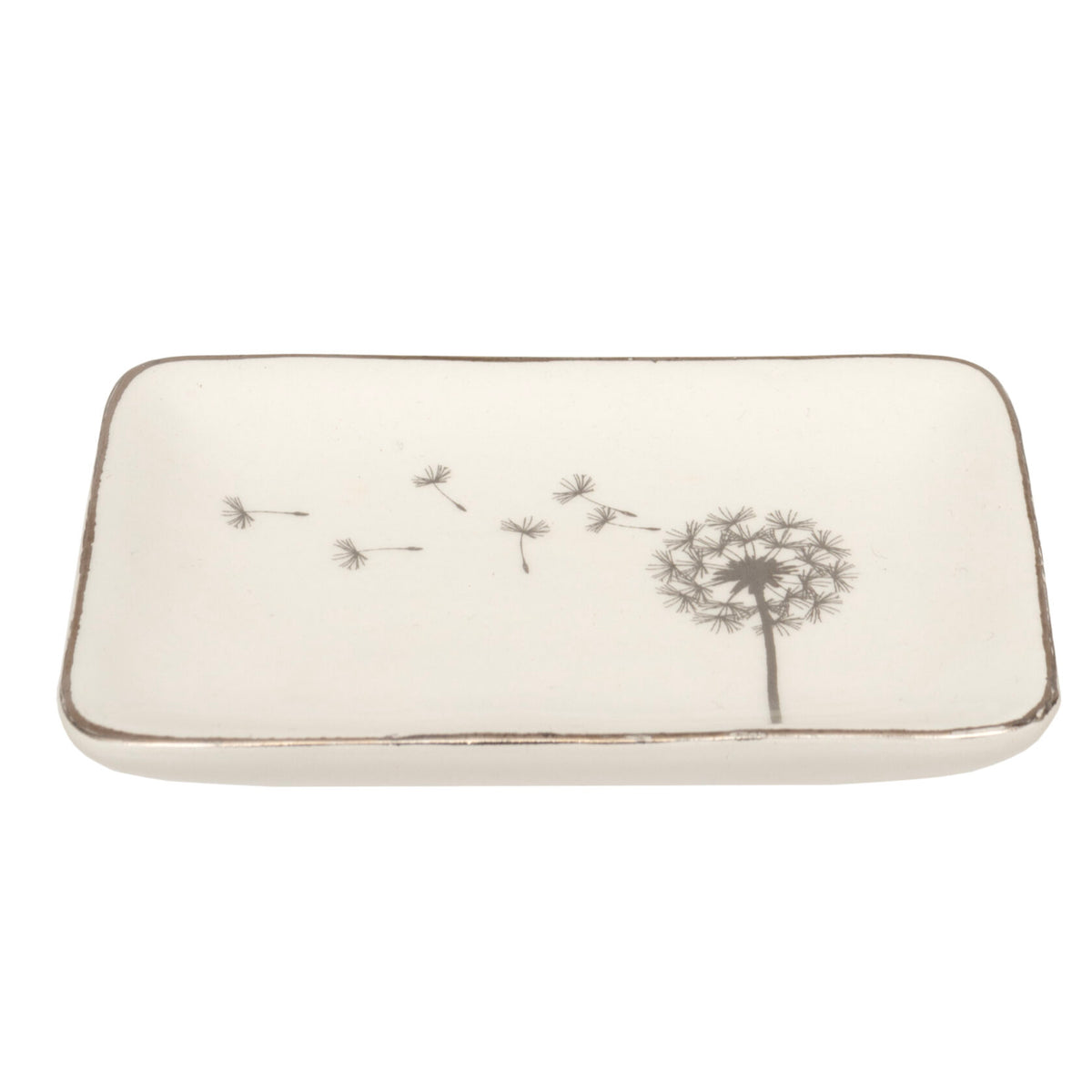 A rectangular ceramic dish with rounded corners, featuring a dandelion design in gray on an off-white background, with a metallic gold-toned rim.