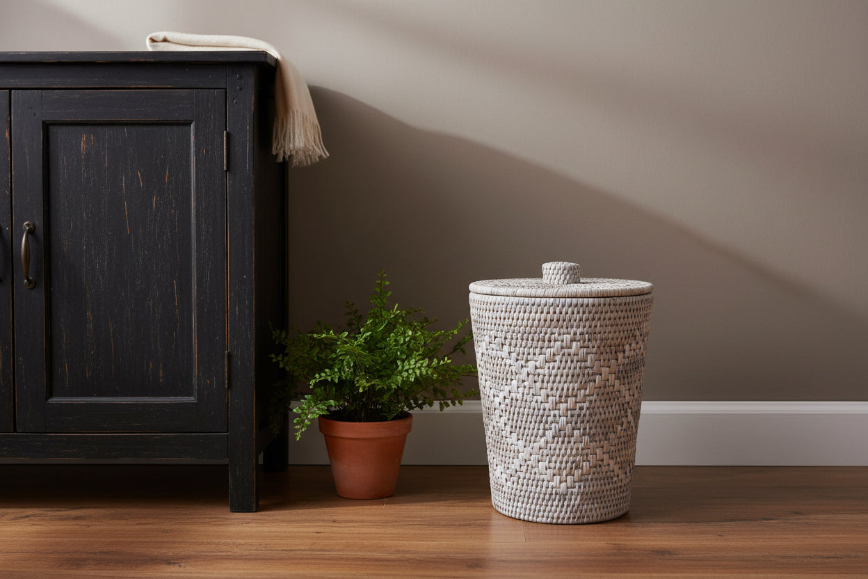 Woven basket with a lid on a white background