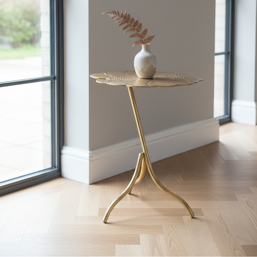 A gold metal leaf-shaped side table with a small white vase containing a dried fern, set on a light wood herringbone floor in a bright room with large windows.